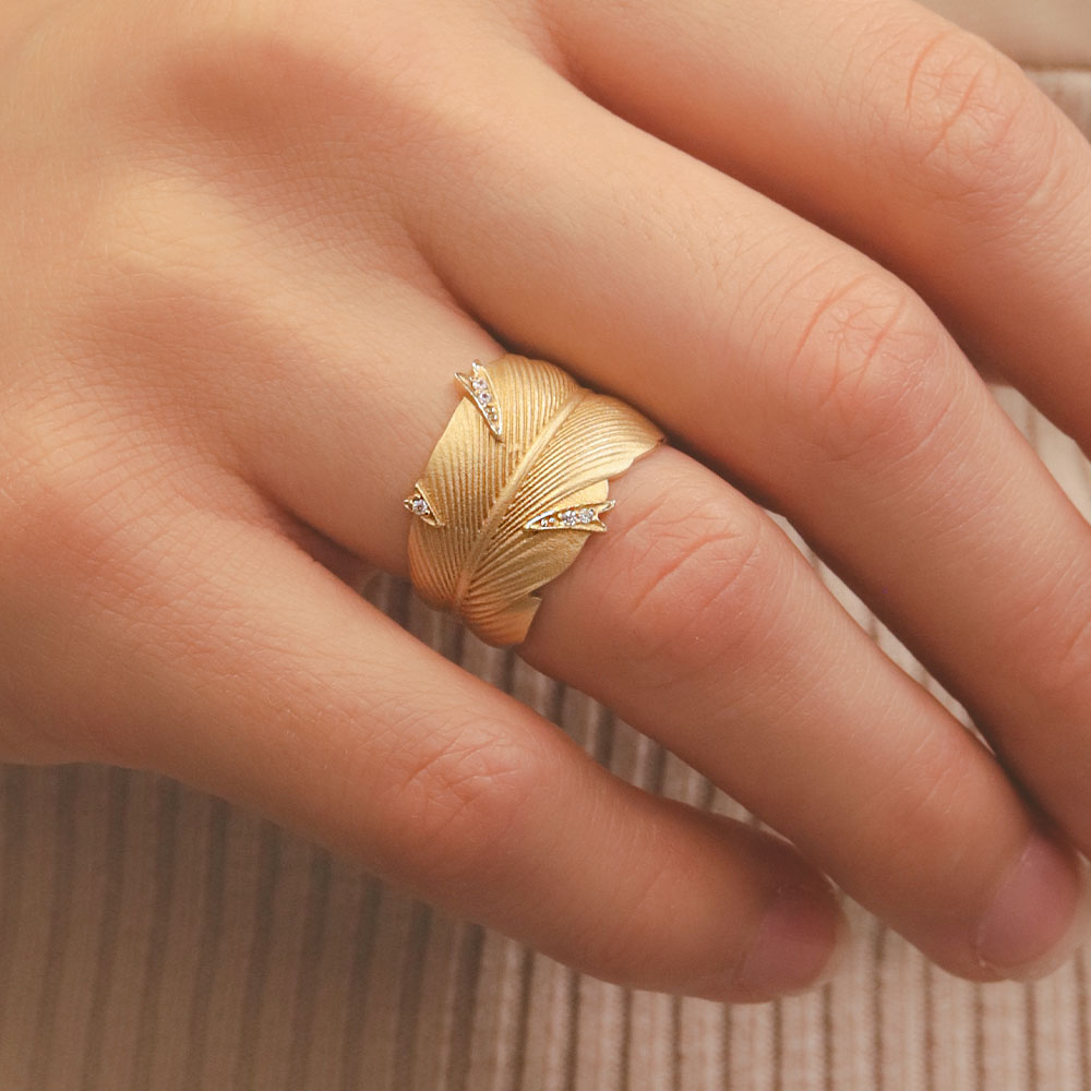 14 Ayar Altın Yamachi Yaprak Desenli Yüzük 