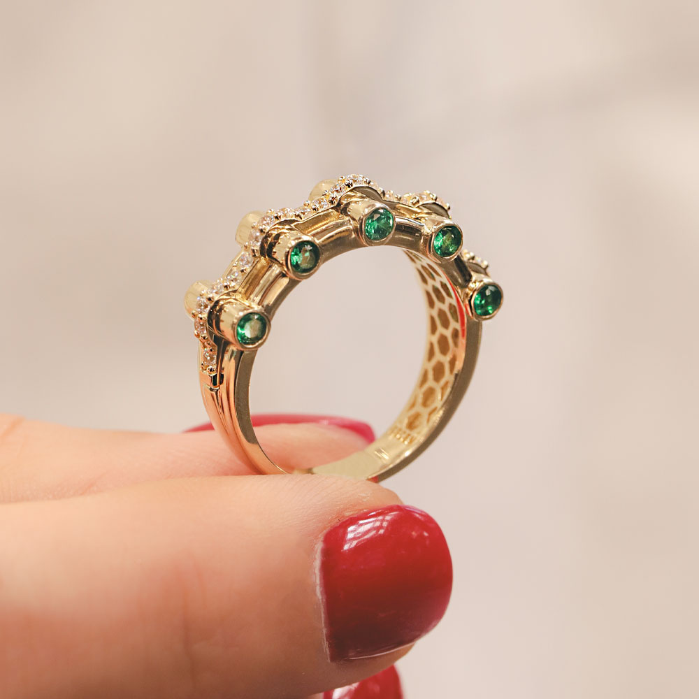 14 Ayar Altın Yeşil Taş Detaylı Fantezi Yüzük