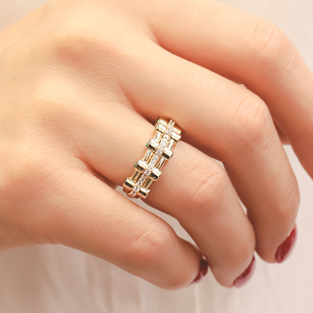 14 Ayar Altın Yeşil Taş Detaylı Fantezi Yüzük