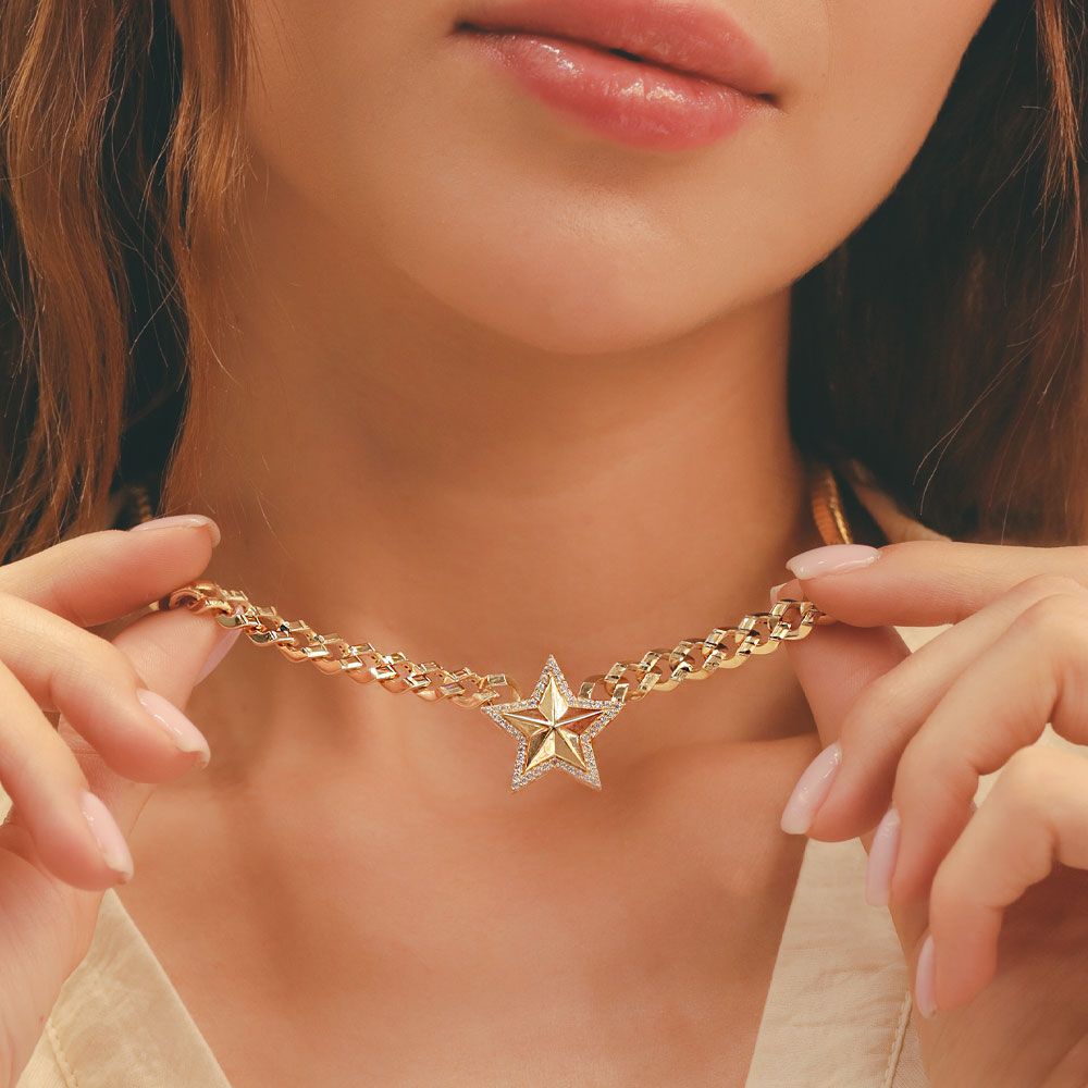 14 Ayar Altın Yıldız Figürlü Kalın Zincir Gerdanlık Kolye