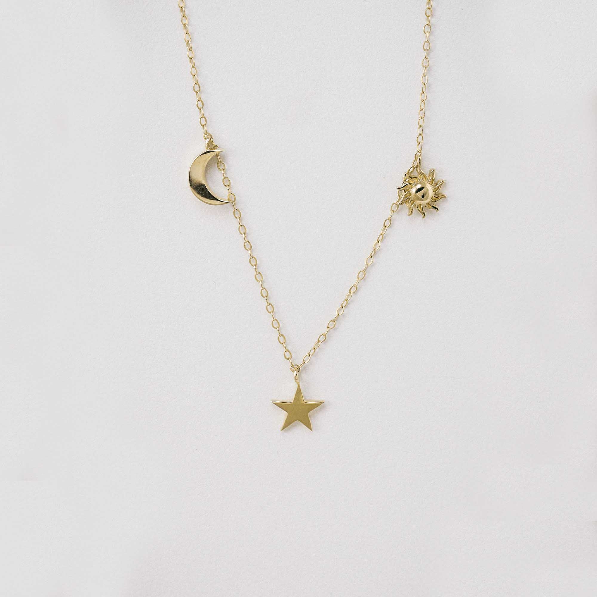 14 Ayar Altın Yıldız Güneş ve Ay Kolye