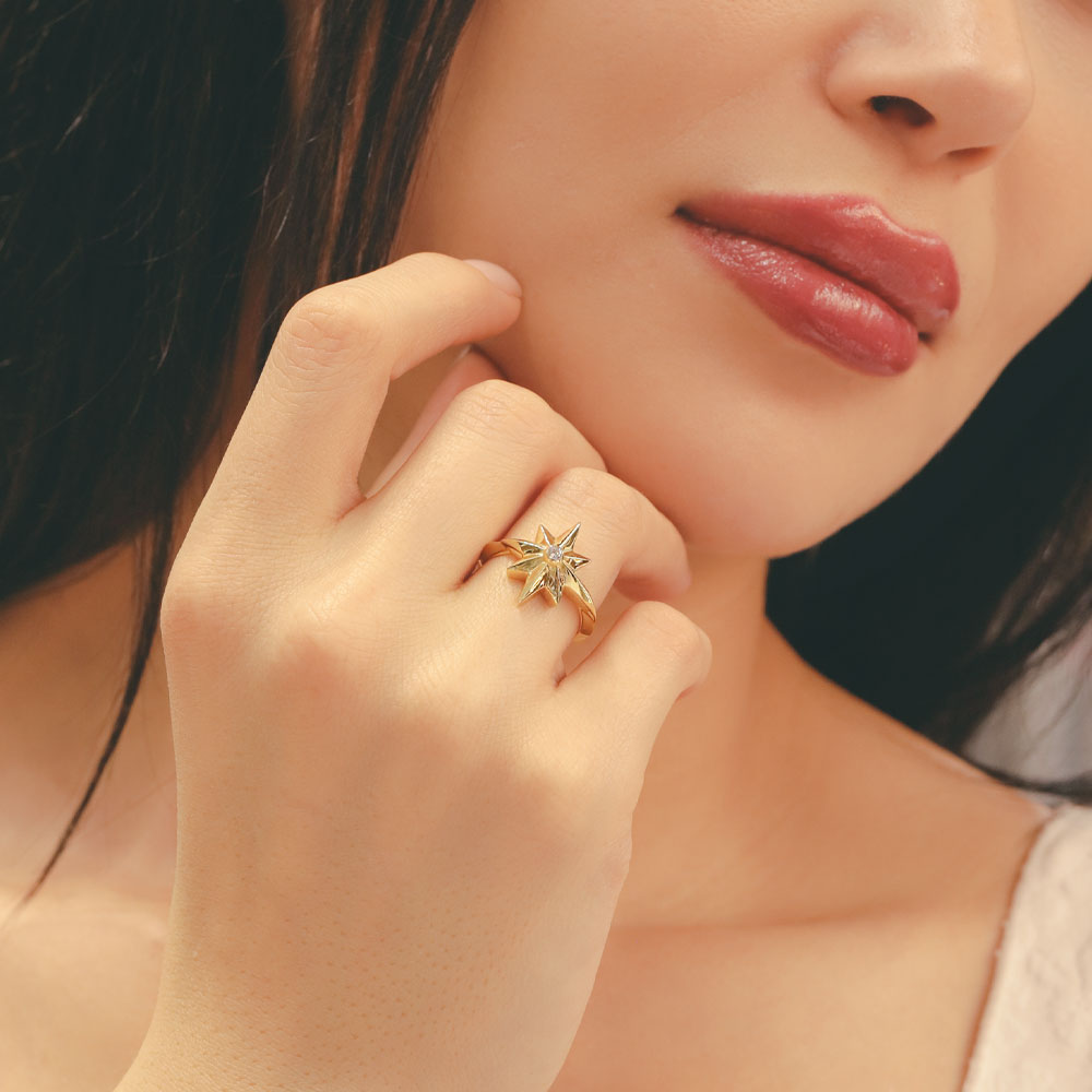 14 Ayar Altın Yıldız Motifli Modern Spor Yüzük