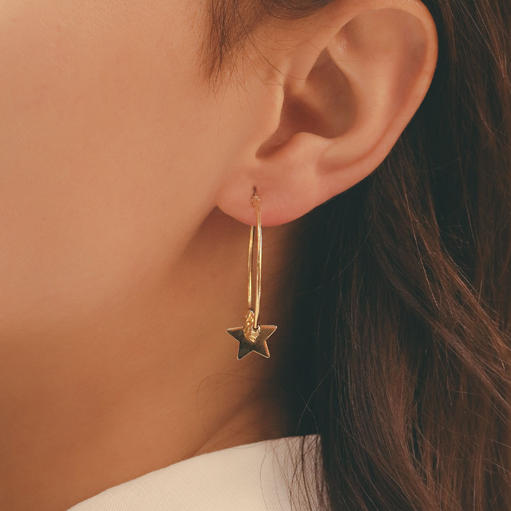 14 Ayar Altın Yıldız ve Küp Detaylı Halka Küpe