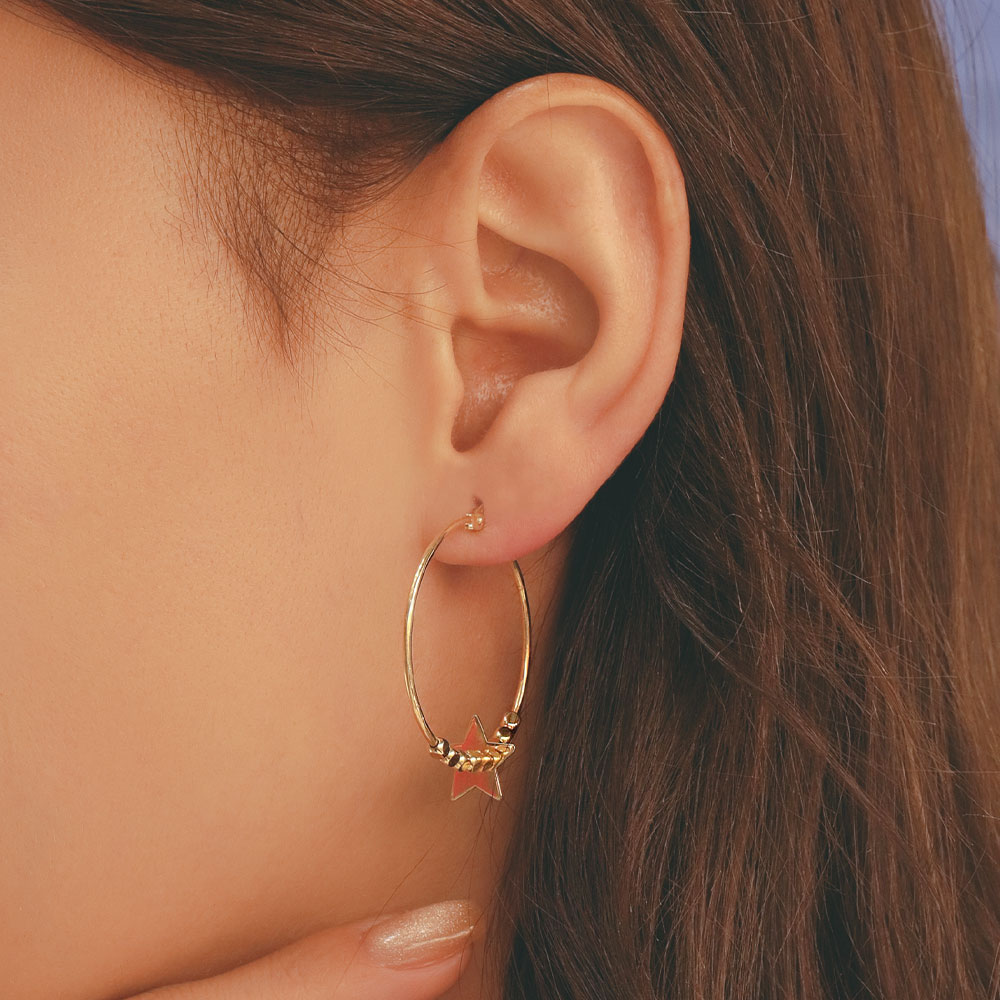 14 Ayar Altın Yıldız ve Küp Detaylı Halka Küpe