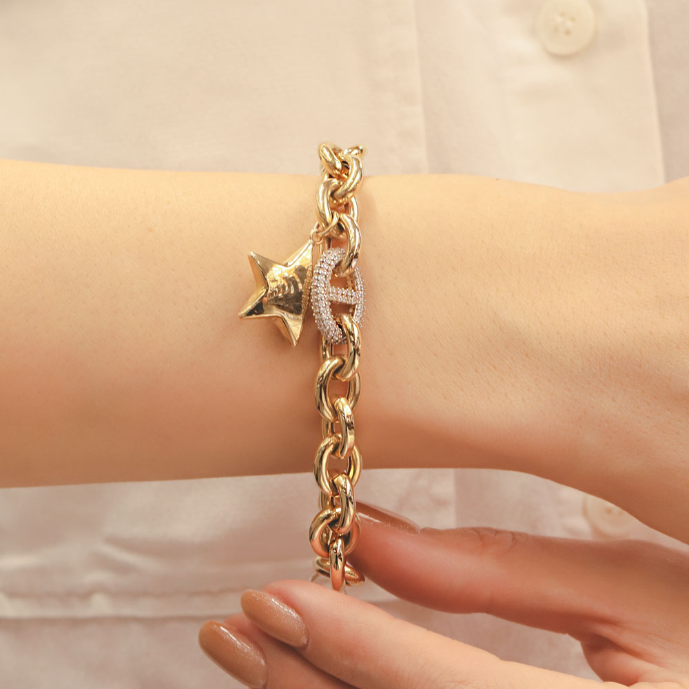 14 Ayar Altın Yıldız ve Taşlı Halka Charm Zincir Bileklik