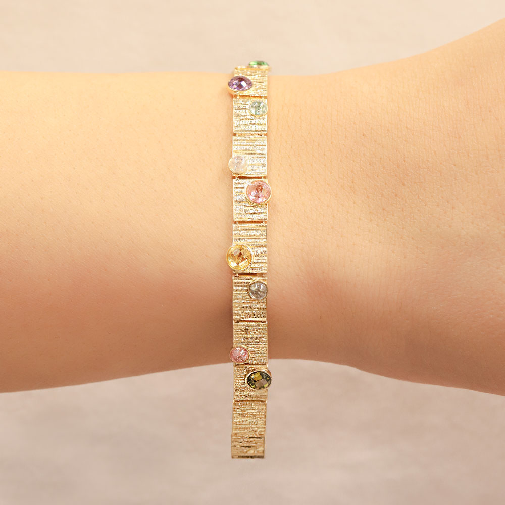 Retro Bileklik 14 Ayar Altın Yuvarlak Renkli Taşlı Bileklik