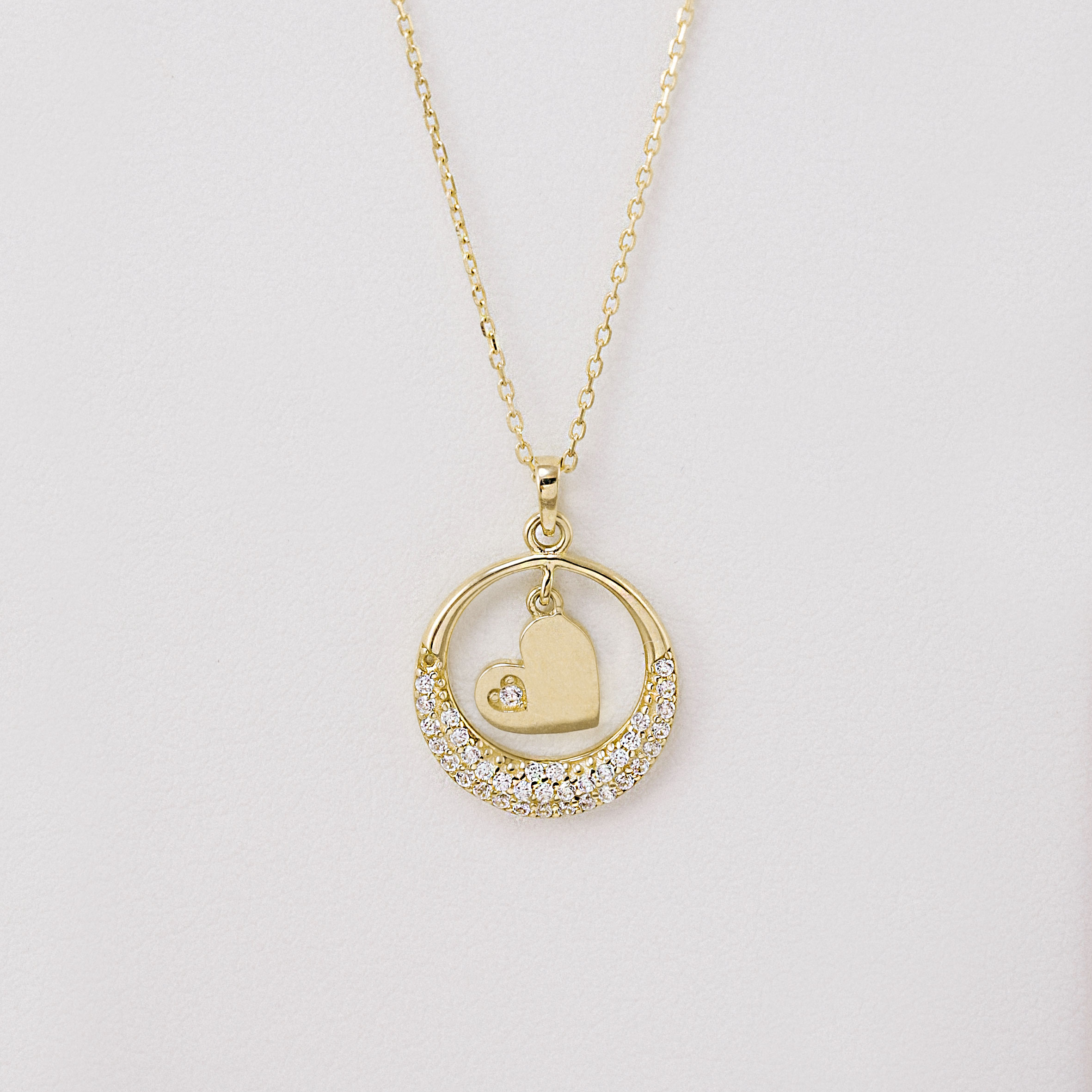 14 Ayar Altın Zirkon Taşlı Ay ve Kalp Kolye