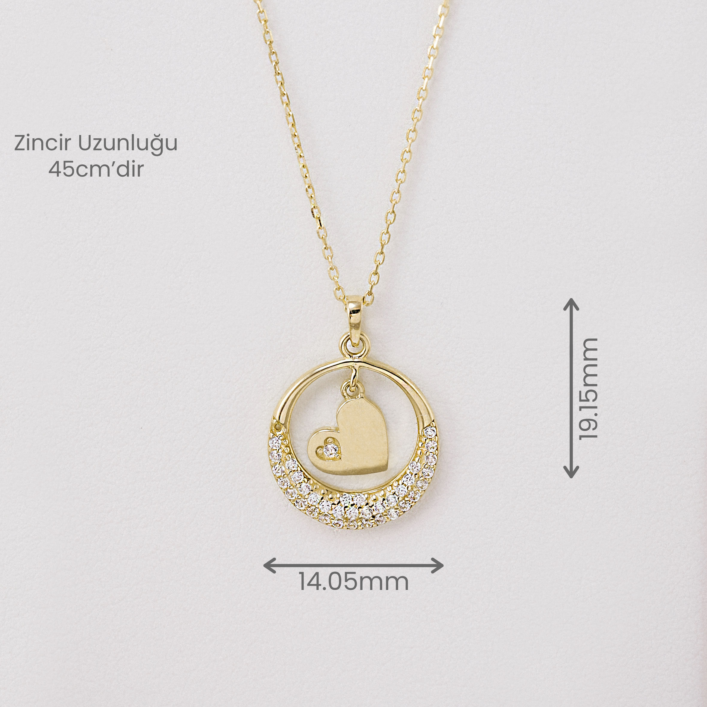 14 Ayar Altın Zirkon Taşlı Ay ve Kalp Kolye