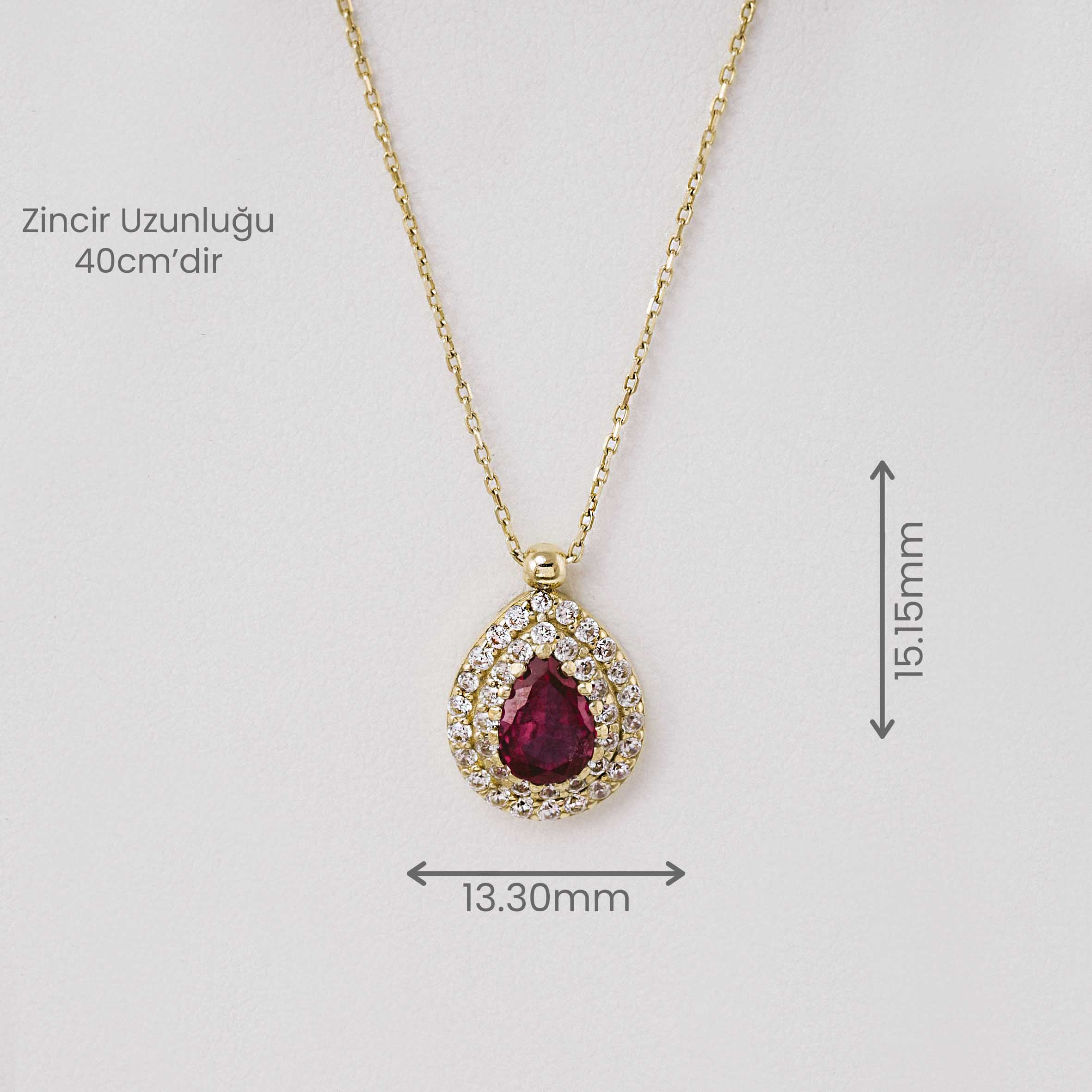 14 Ayar Altın Zirkon ve Yakut Taşlı Damla Kolye