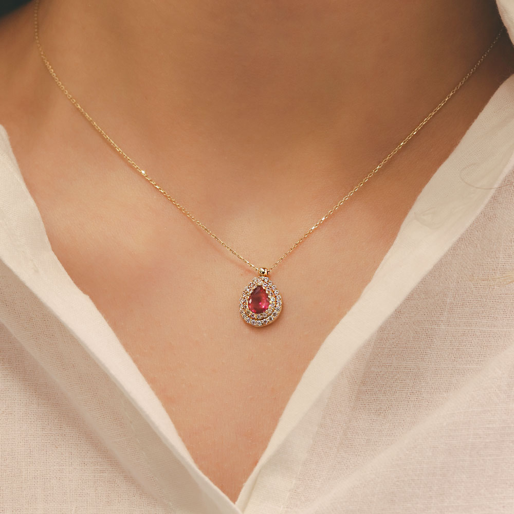 14 Ayar Altın Zirkon ve Yakut Taşlı Damla Kolye