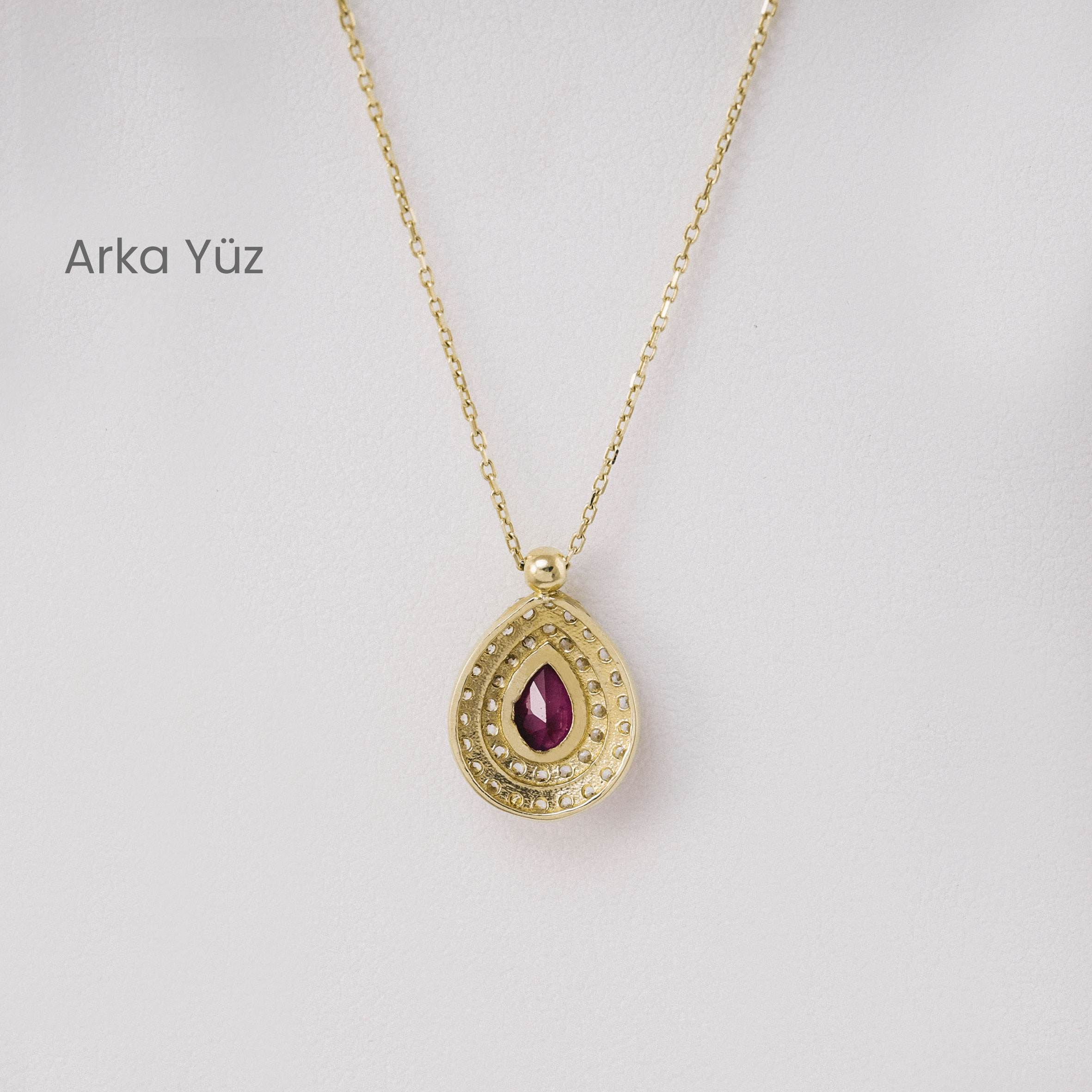 14 Ayar Altın Zirkon ve Yakut Taşlı Damla Kolye