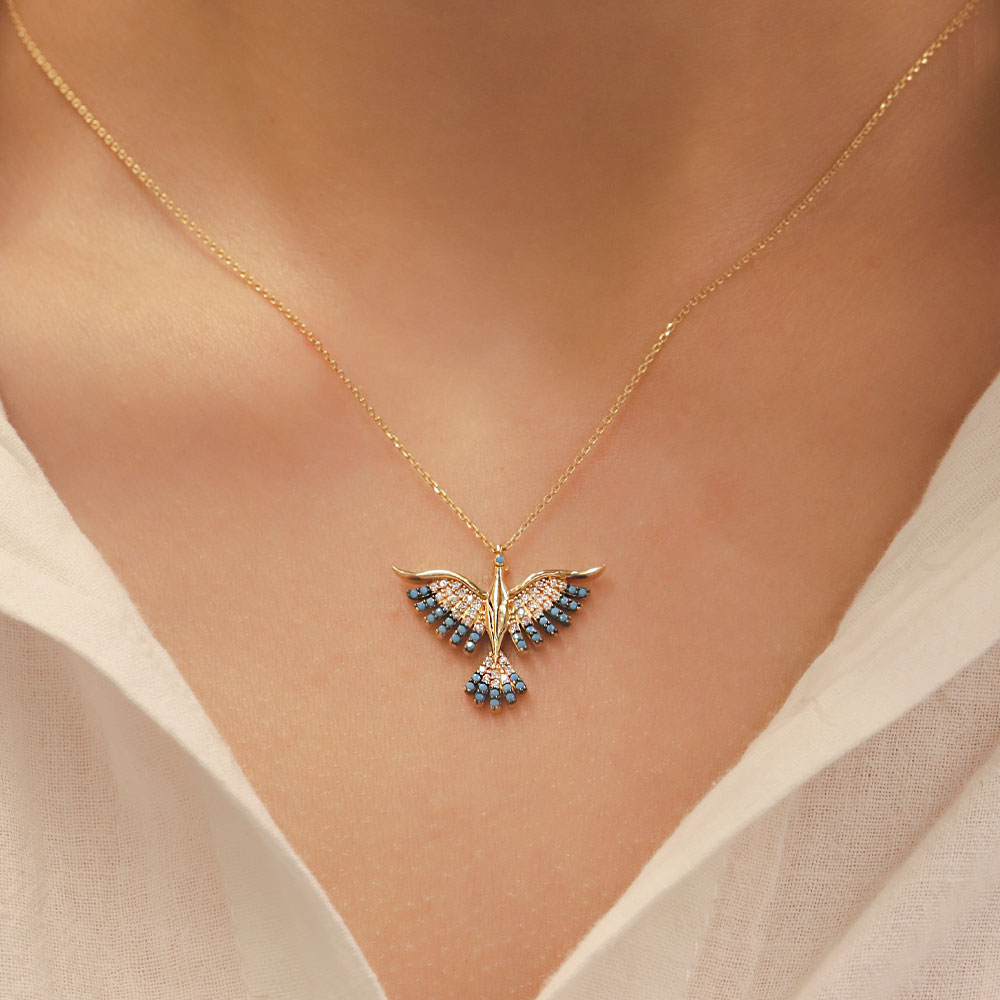 14 Ayar Anka Kuşu Figürlü Mavi Taşlı Altın Kolye