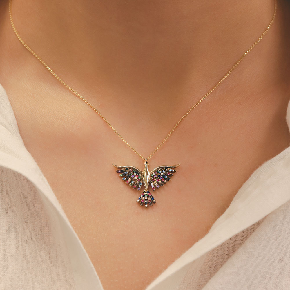 Hayvan Figürlü Kolye 14 Ayar Anka Kuşu Figürlü Renkli Taşlı Altın Kolye