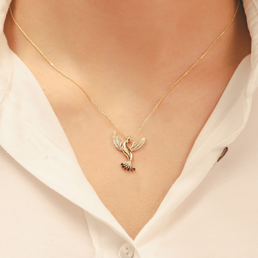 14 Ayar Anka Kuşu Figürlü Renkli Taşlı Altın Kolye