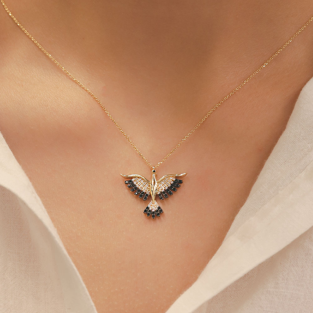 14 Ayar Anka Kuşu Figürlü Siyah Taşlı Altın Kolye