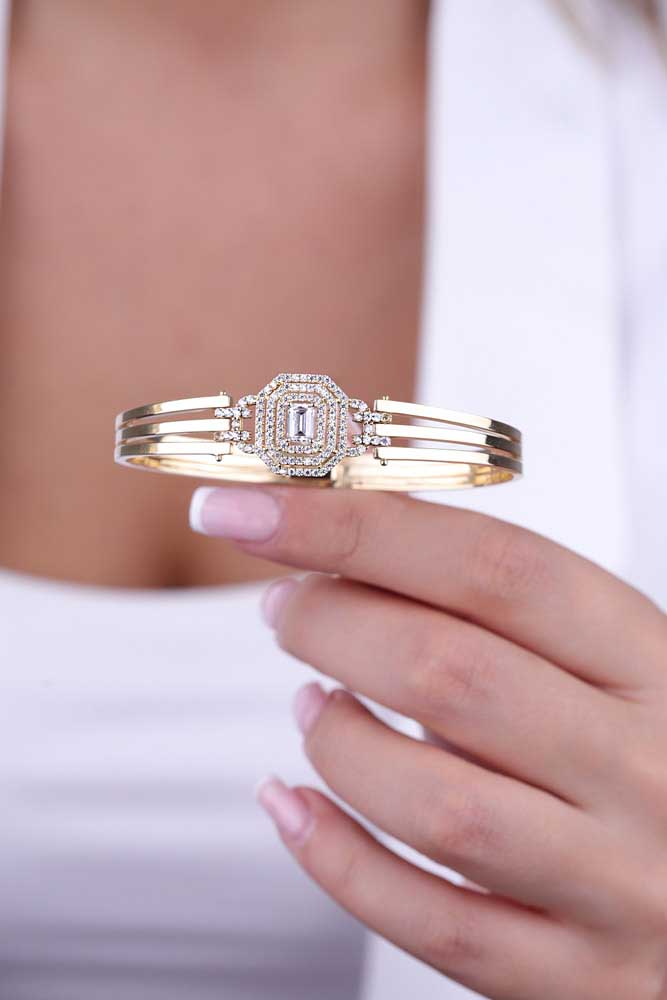 Baget Taşlı Bileklik 14 Ayar Baget Kelepçe Bileklik