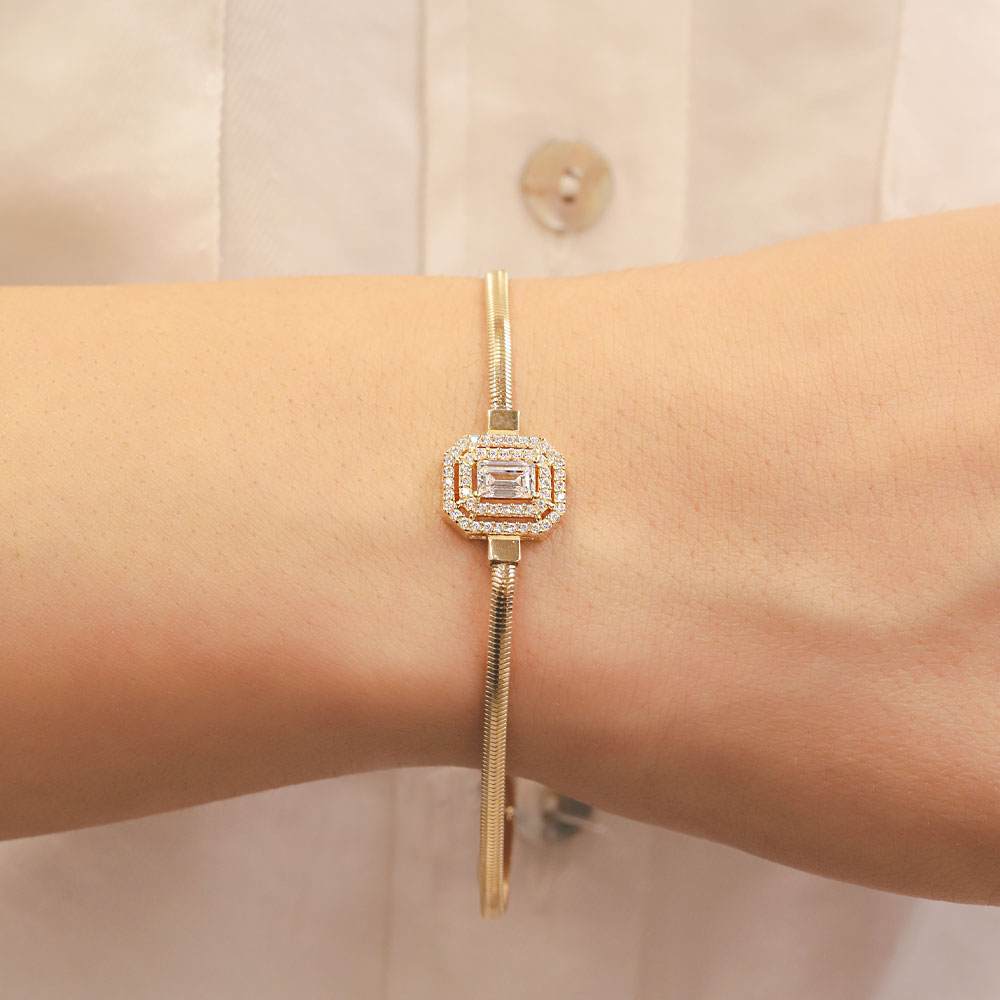 Baget Taşlı Bileklik 14 Ayar Baget Taş Detaylı Altın Bileklik