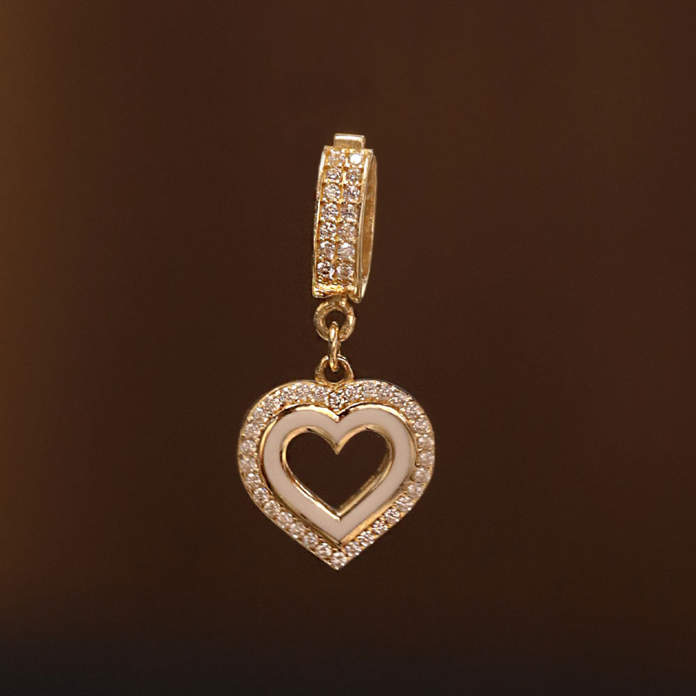 Kolye Ucu 14 Ayar Beyaz Mine Kalp Figürlü Taşlı Altın Charm