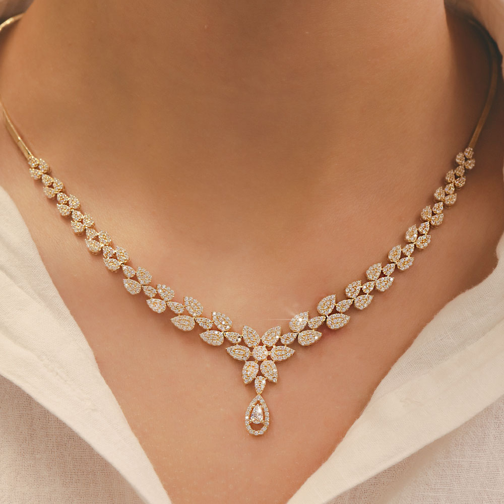 14 Ayar Çiçekli Damla Set Gerdanlığı