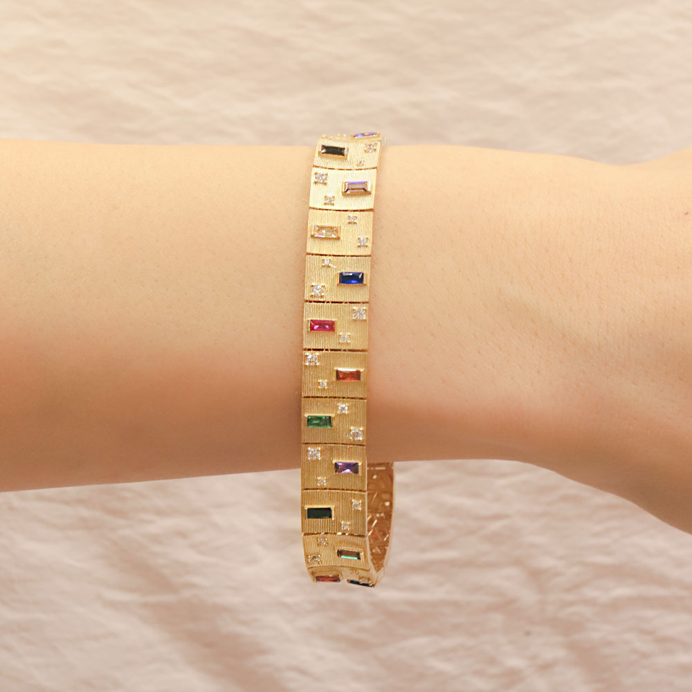 14 Ayar Dokulu Renkli Baget Taşlı Altın Bilezik