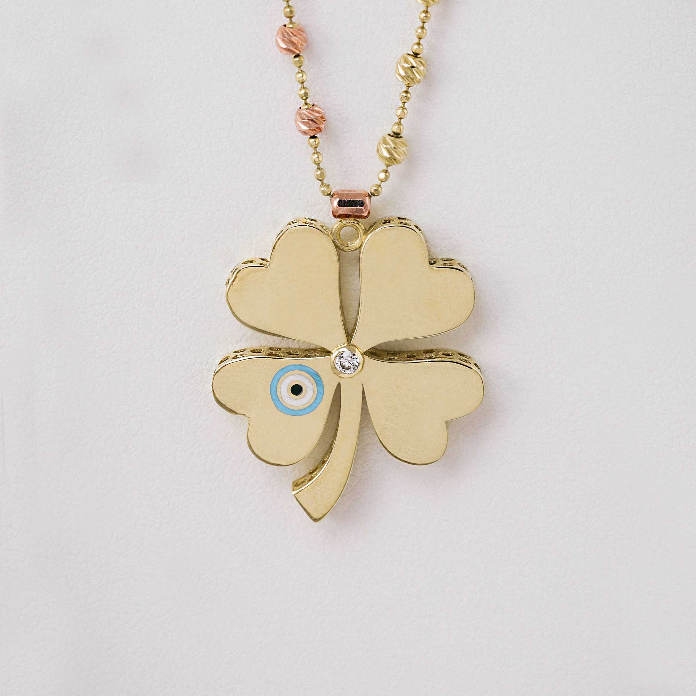 14 Ayar Dorika Detaylı Nazar Boncuklu Yonca EMA Kolye