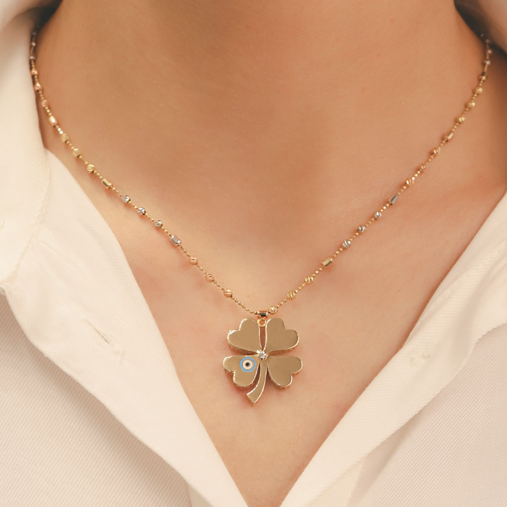 14 Ayar Dorika Detaylı Nazar Boncuklu Yonca EMA Kolye