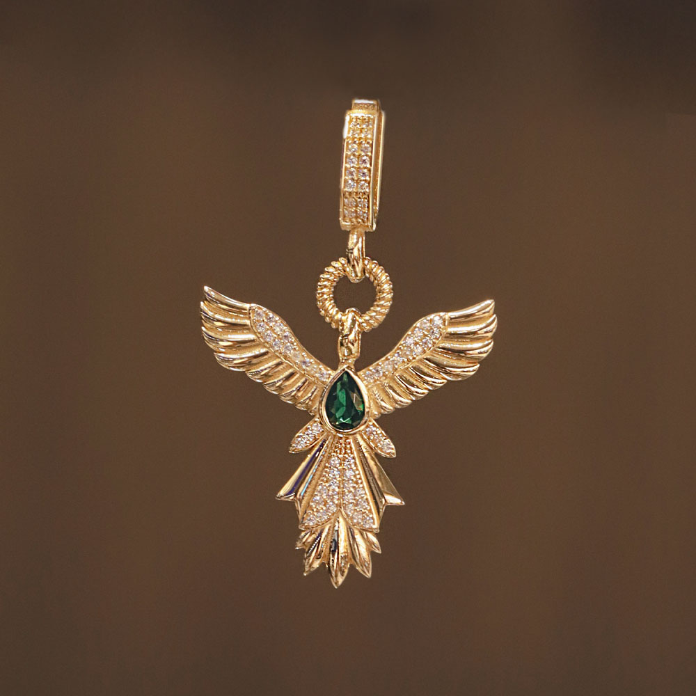 14 Ayar Geniş Kanatlı Anka Kuşu Figürlü Taşlı Altın Charm