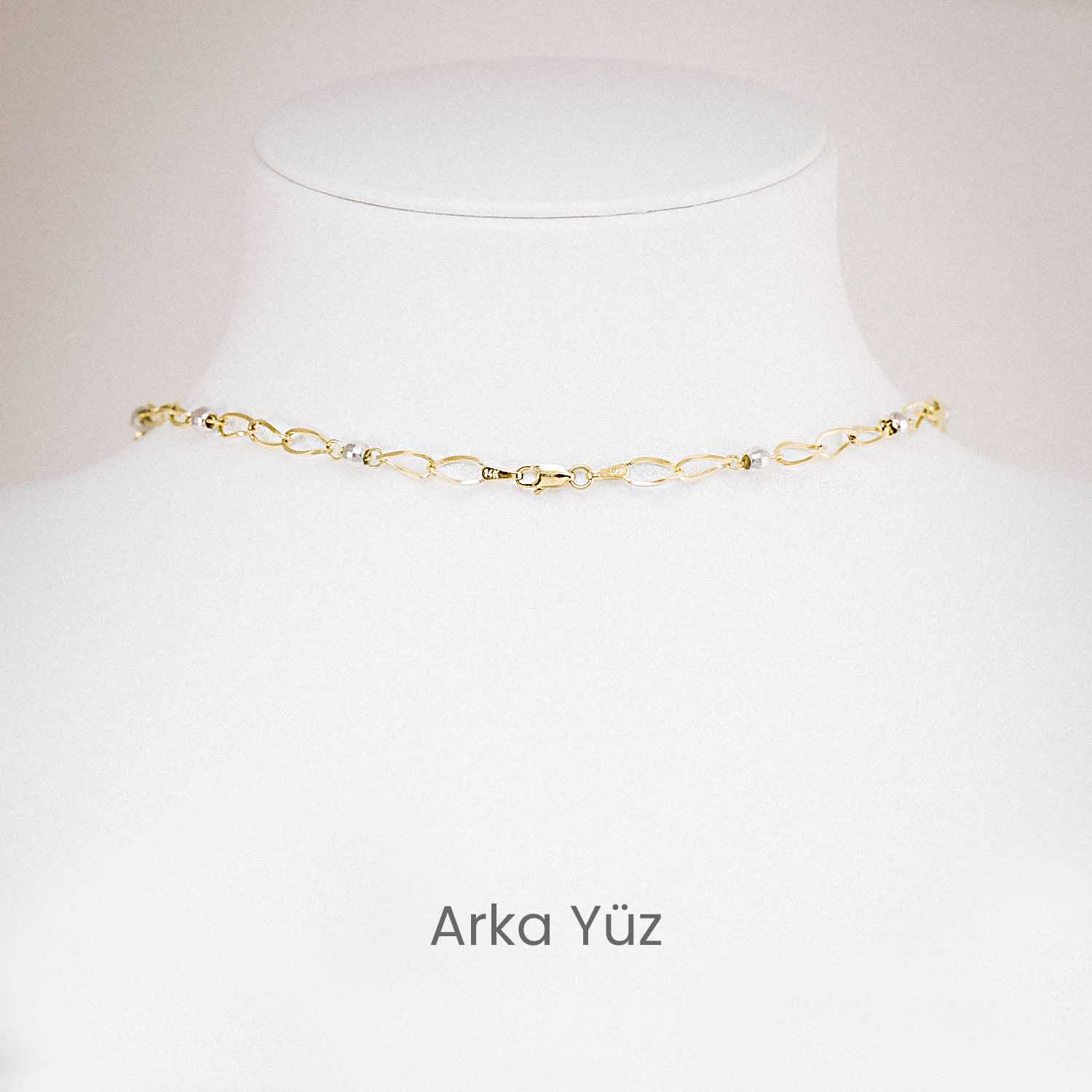 14 Ayar İkili Halka ve Beyaz Top Detaylı Zincir Kolye