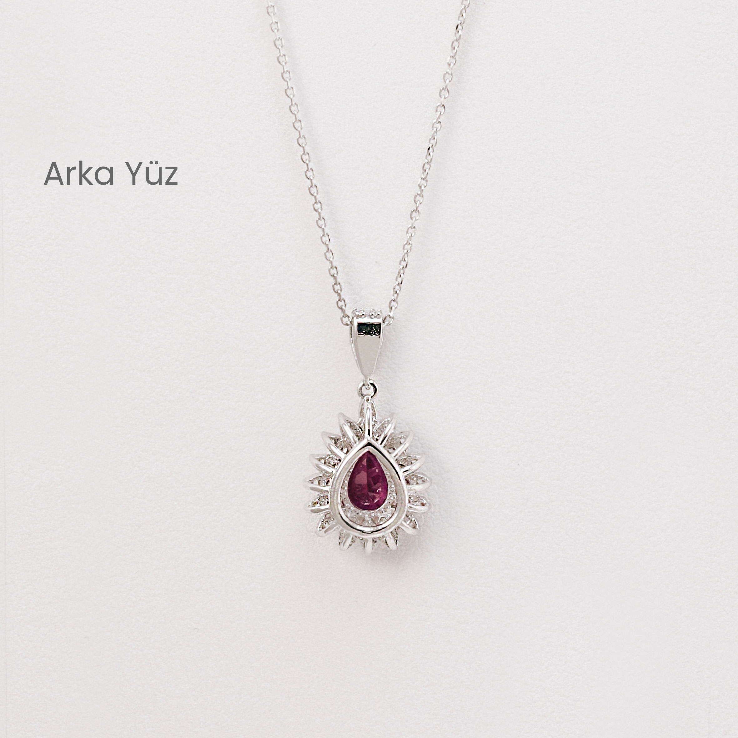 14 Ayar Kırmızı Taşlı Işıltılı Damla Beyaz Altın Kolye