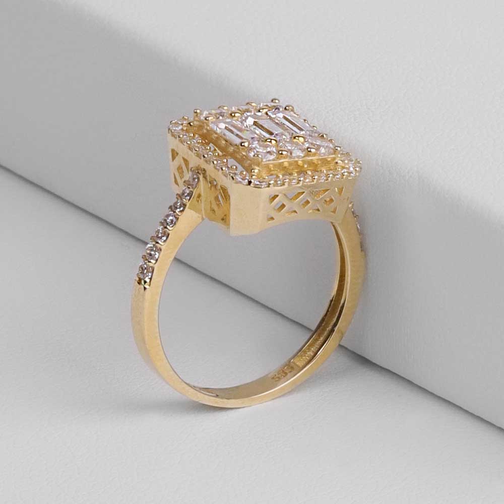 Yüzükler 14 Ayar Kolları Taşlı Baget Yüzük - Sarı Altın