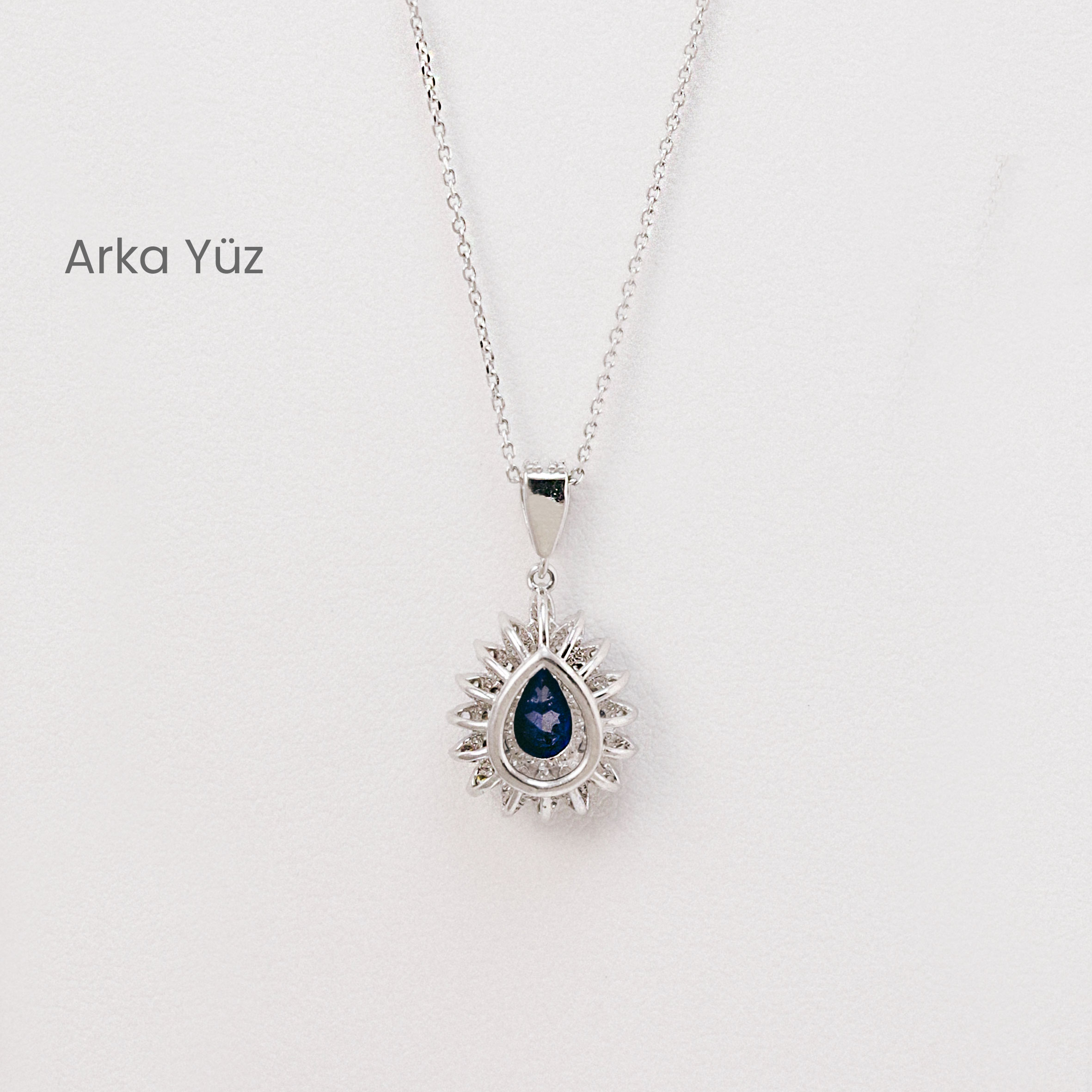 14 Ayar Mavi Taşlı Işıltılı Damla Beyaz Altın Kolye Kolye