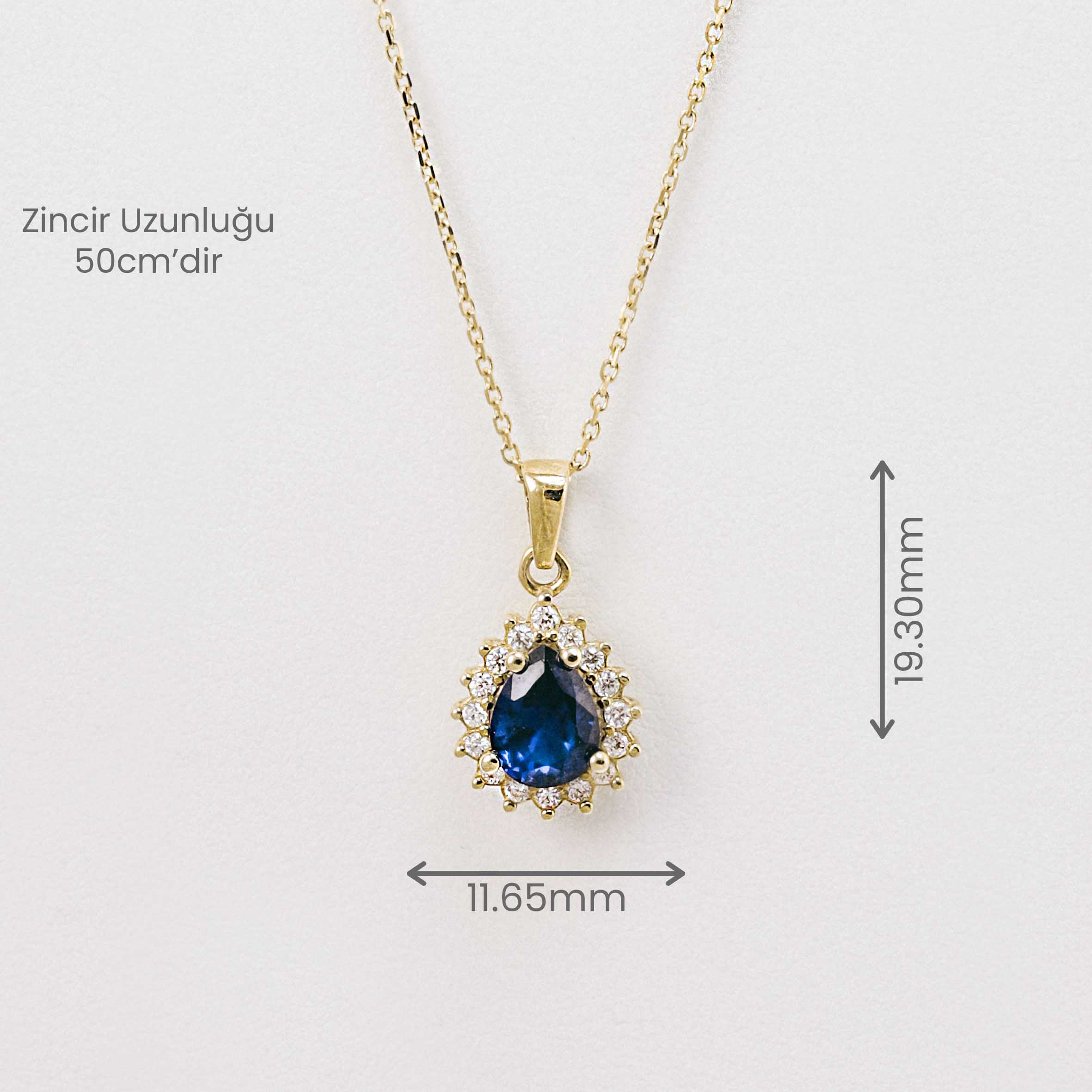 14 Ayar Mavi Taşlı Işıltılı Damla Kolye