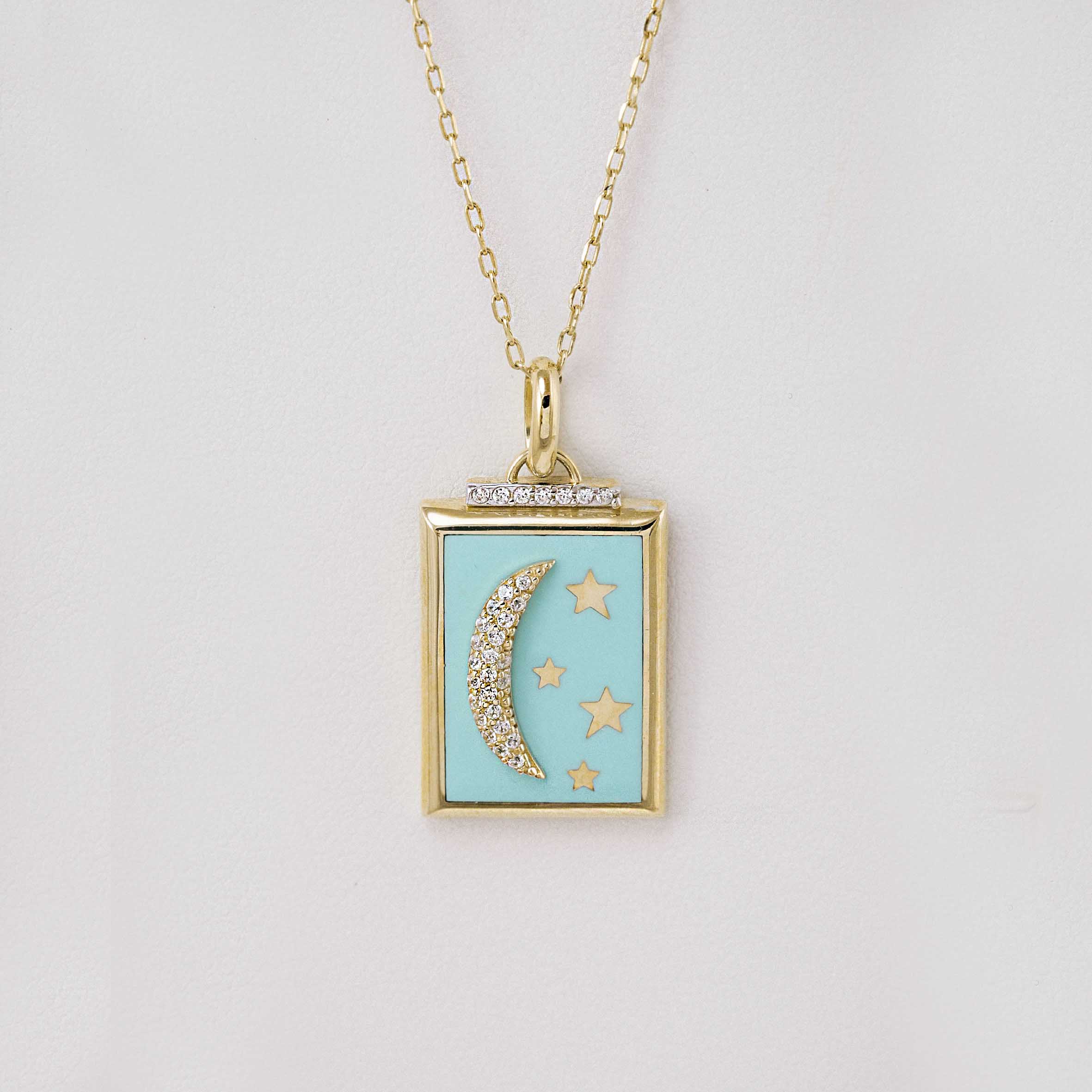 14 Ayar Mineli Taşlı Ay ve Yıldız Kolye