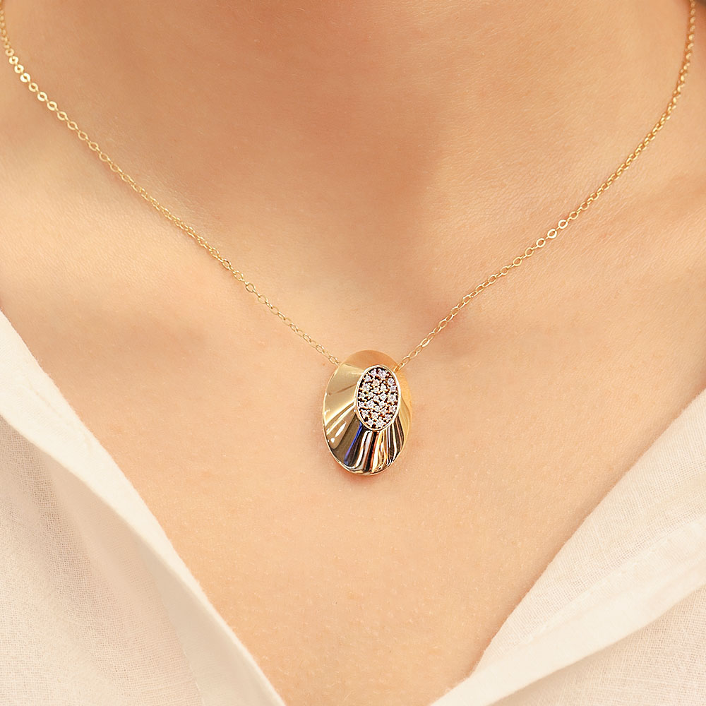 14 Ayar Oval Taş Detaylı Altın Kolye