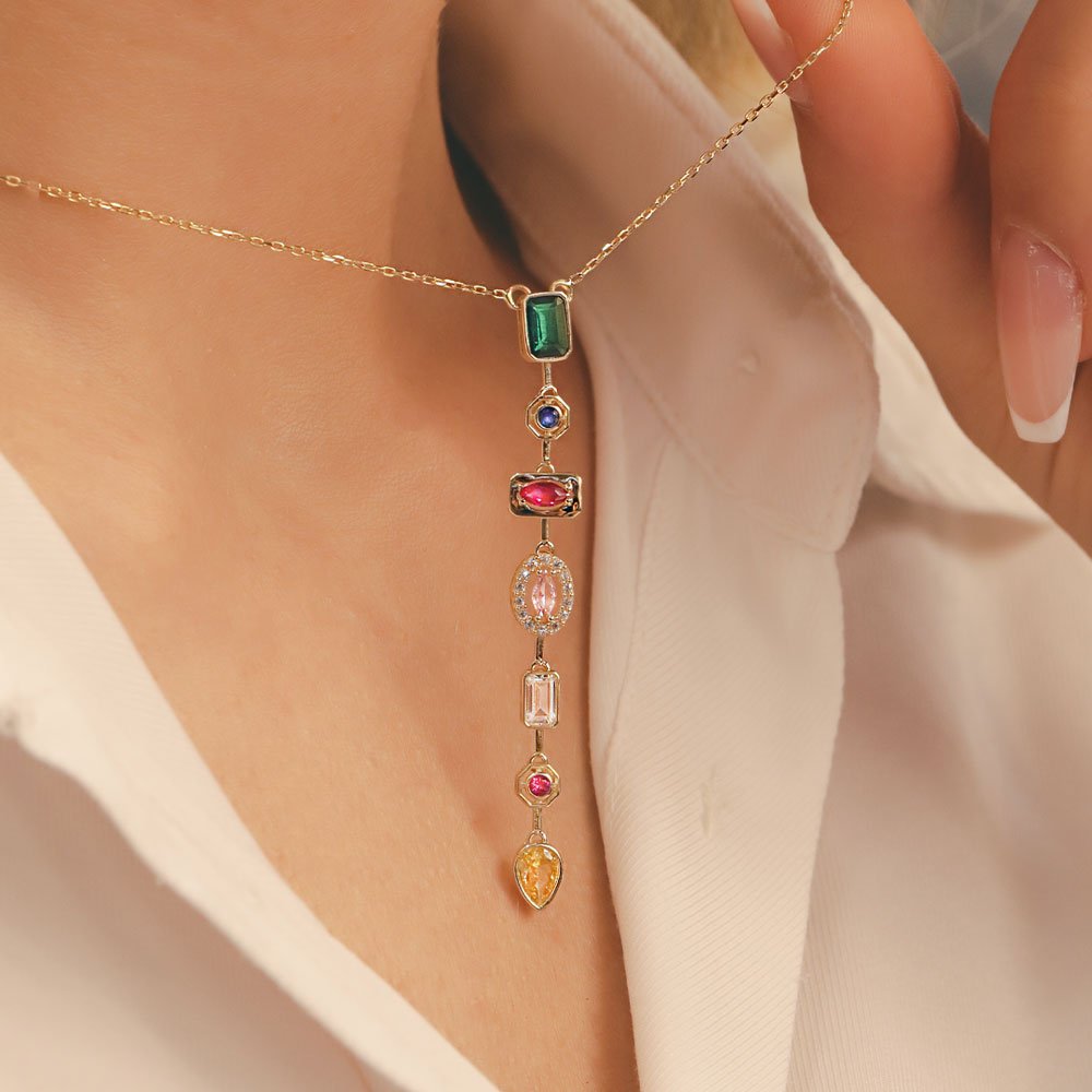 14 Ayar Renkli Taşlı Sıralı Altın Kolye