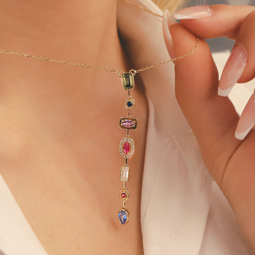14 Ayar Renkli Taşlı Sıralı Altın Kolye