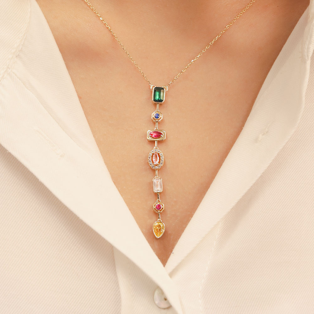 14 Ayar Renkli Taşlı Sıralı Altın Kolye