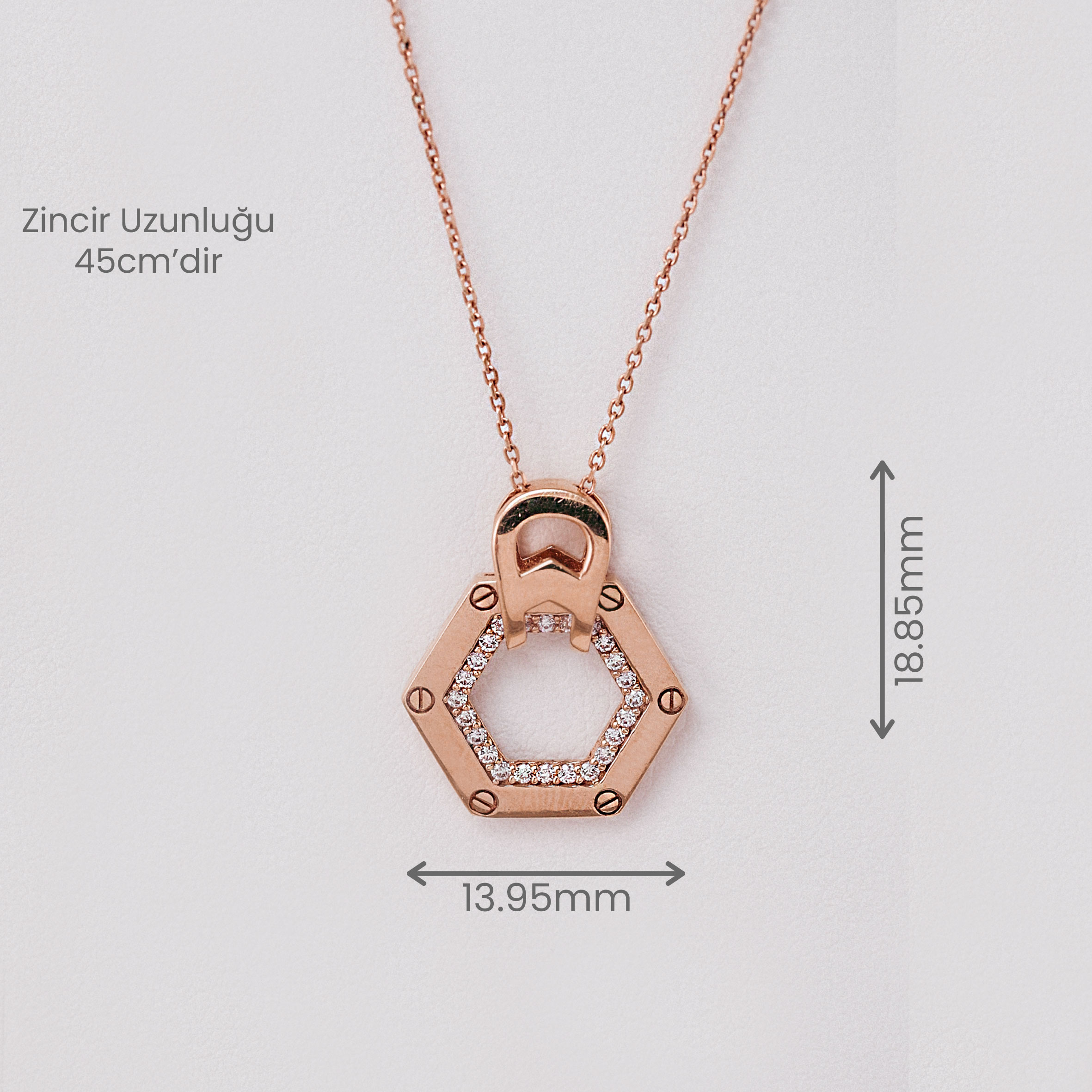 14 Ayar Rose Altın Zirkon Taşlı Altıgen Kolye