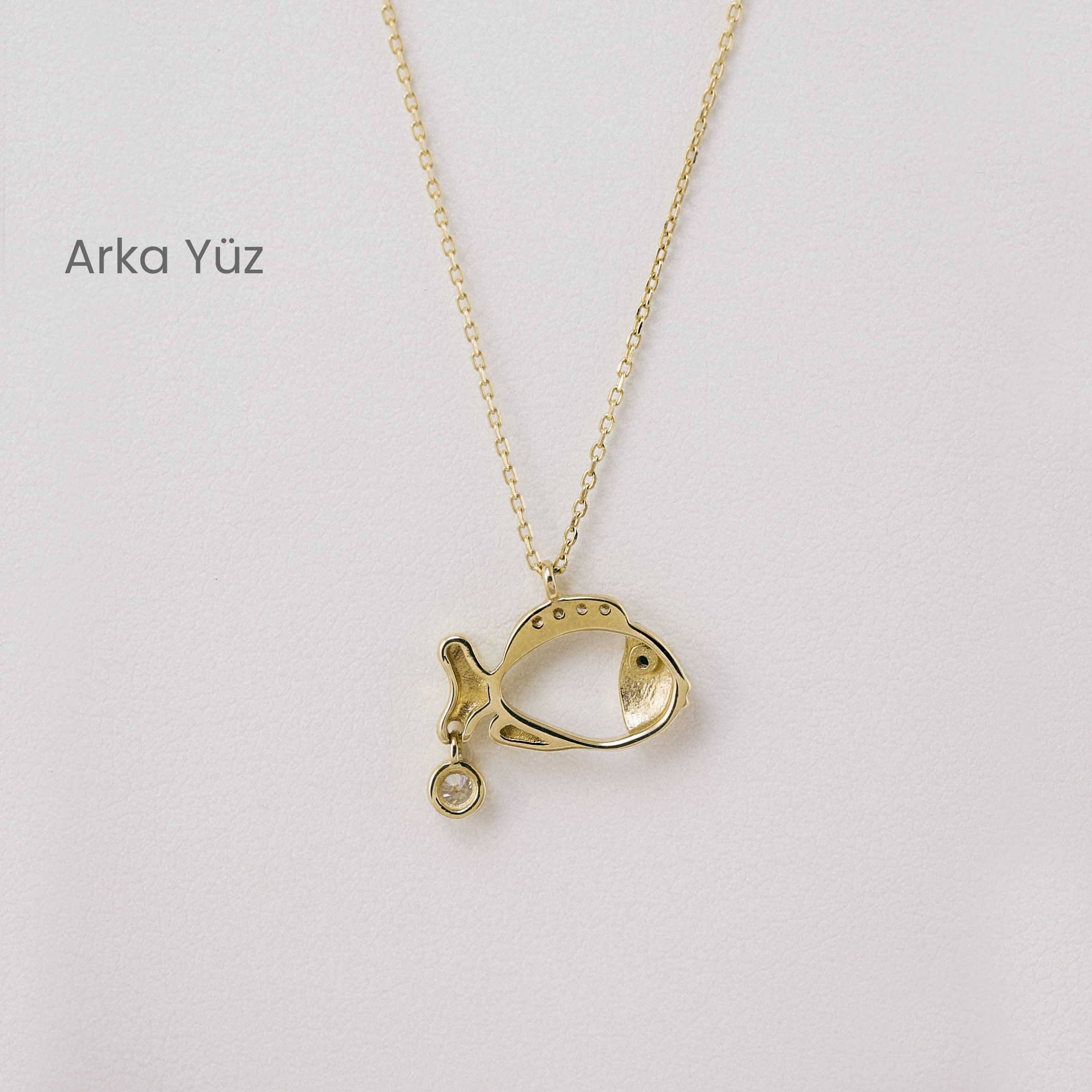 14 Ayar Taş Detaylı Balık Figürlü Altın Kolye