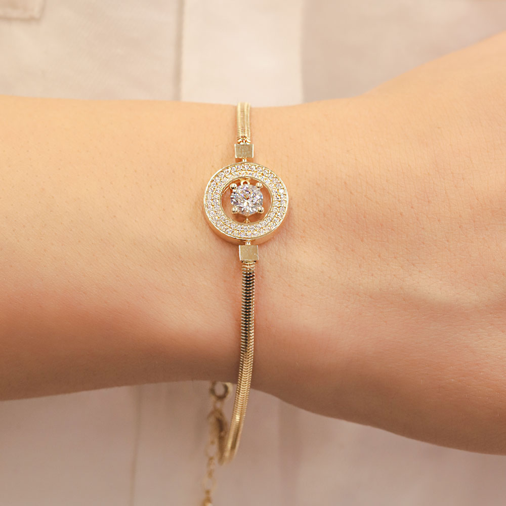 14 Ayar Taş Detaylı Yuvarlak Model Altın Bileklik