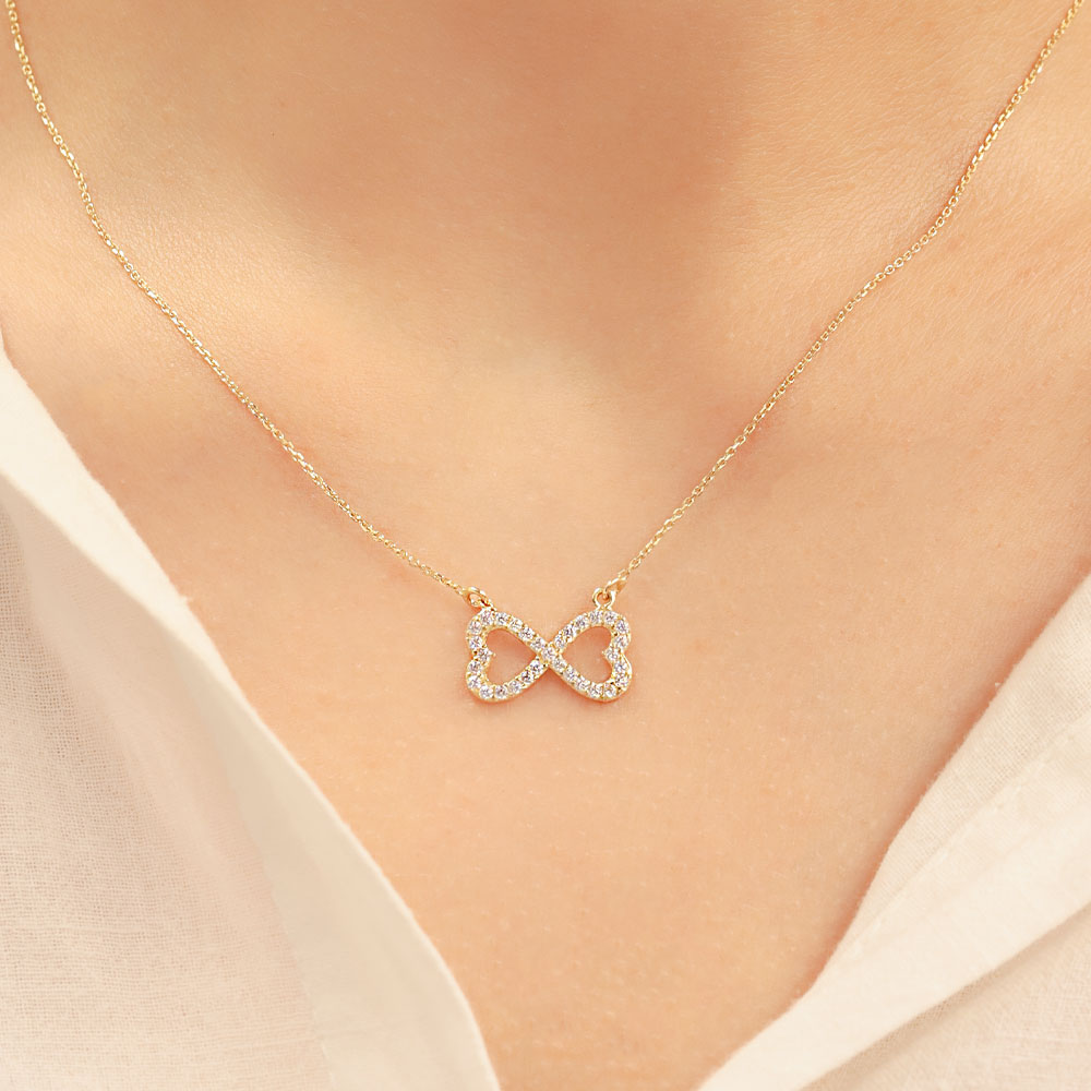 14 Ayar Taşlı Kalpli Sonsuzluk Altın Kolye