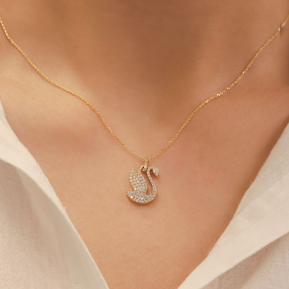 14 Ayar Taşlı Kuğu Figürlü Altın Kolye