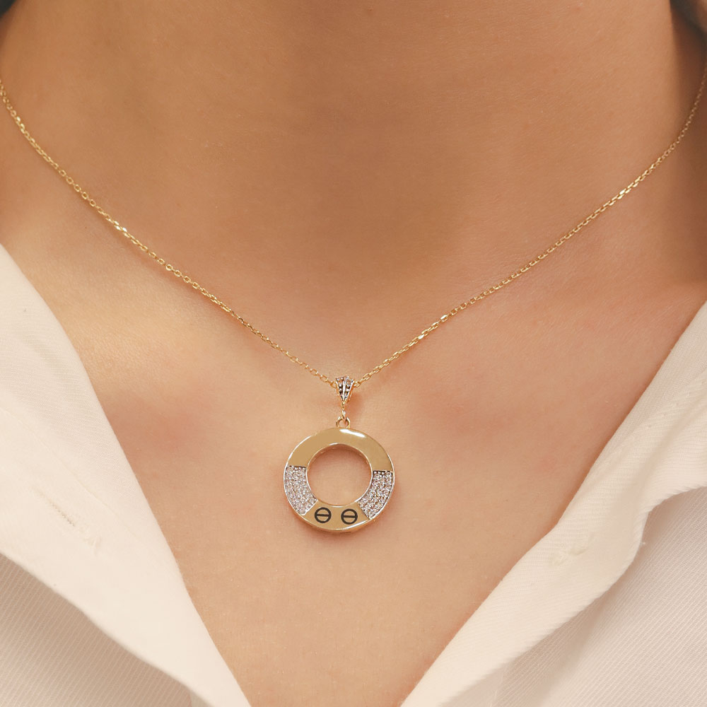 14 Ayar Taşlı ve Mineli Yuvarlak Kolye