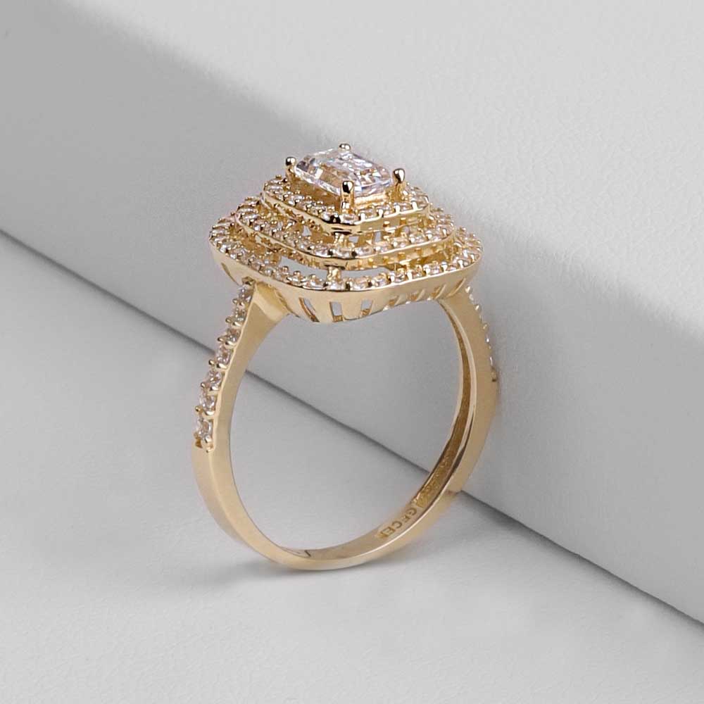 14 Ayar Üç Katmanlı Kolları Taşlı Baget Yüzük - Sarı Altın