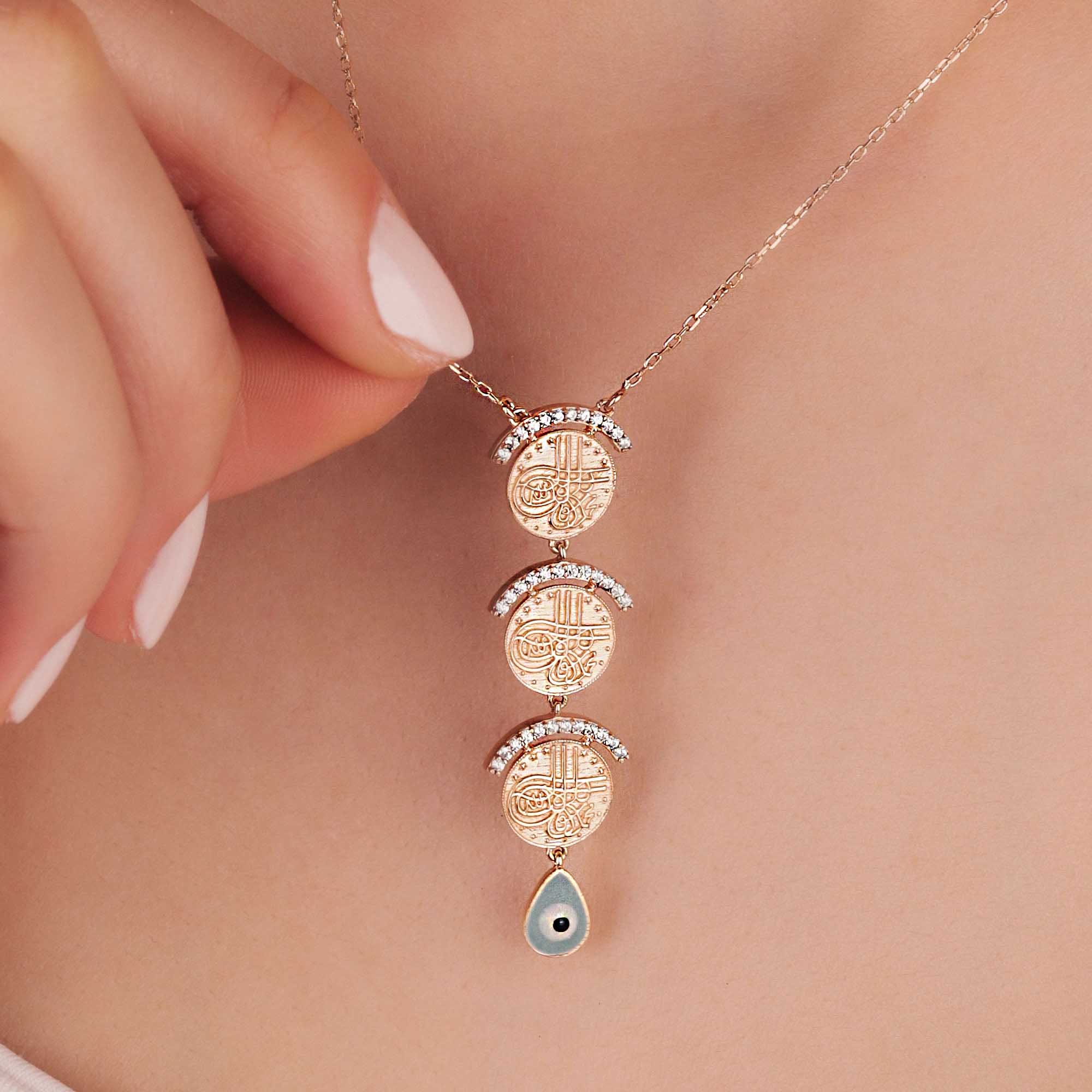 14 Ayar Üçlü Osmanlı Tuğralı Nazar Boncuklu Kolye