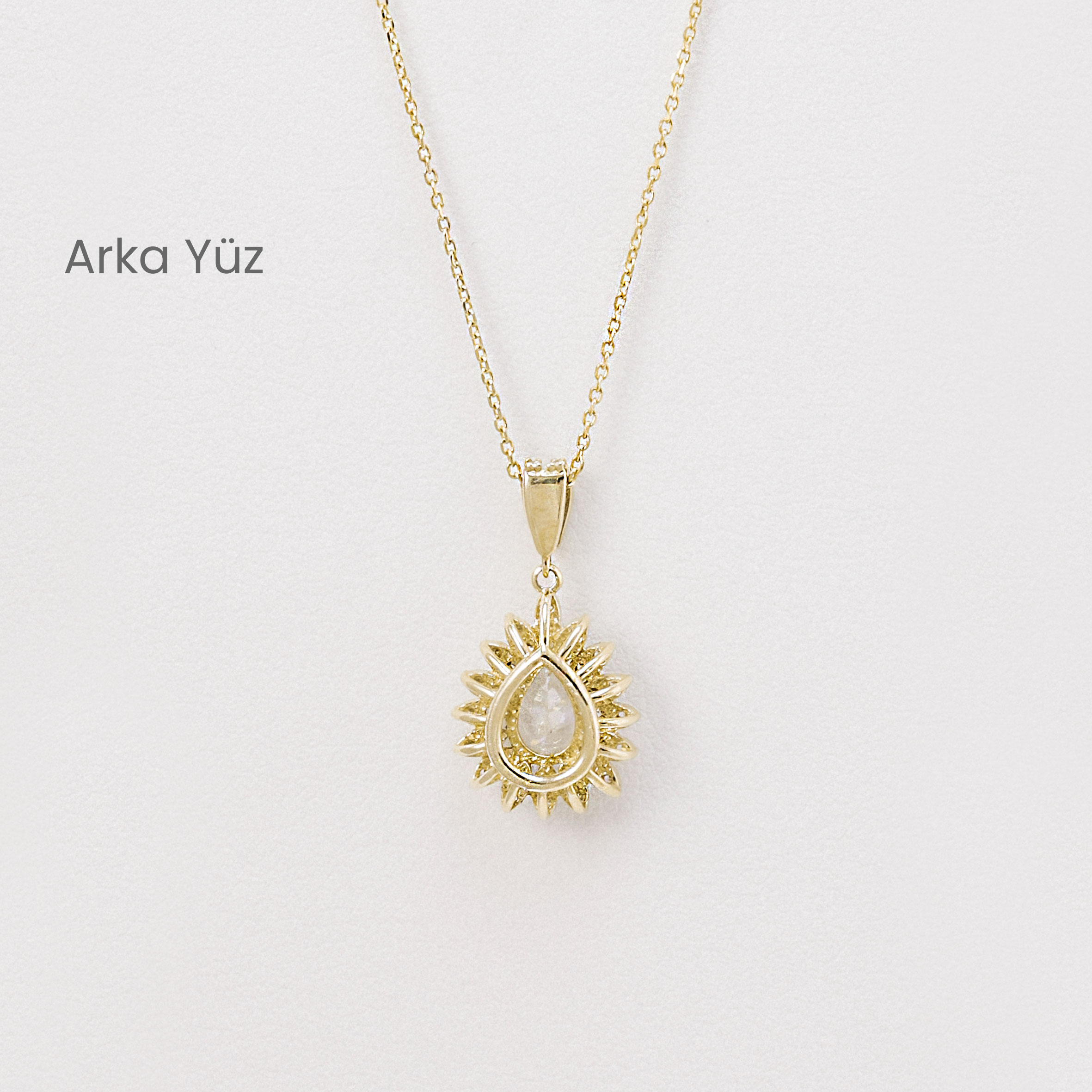 14 Ayar Zirkon Taşlı Işıltılı Damla Sarı Altın Kolye