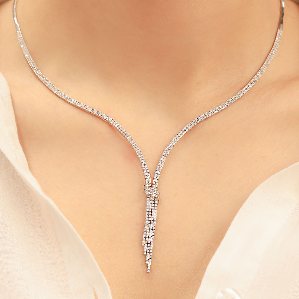 14 Ayar Zirkon Taşlı Üç Sıralı Su Yolu Fiyonk Set Gerdanlığı