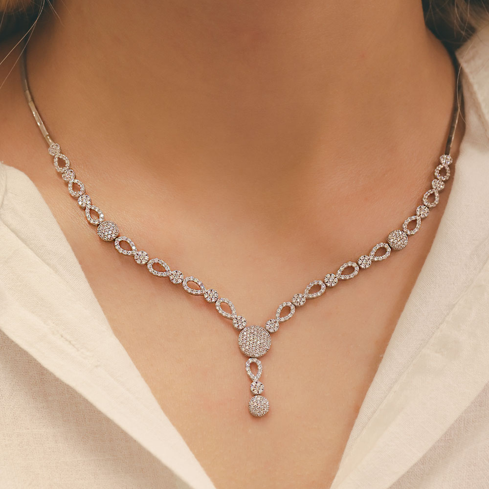 14 Ayar Zirkon Taşlı Yuvarlak ve Sonsuzluk Figürlü Set Gerdanlık