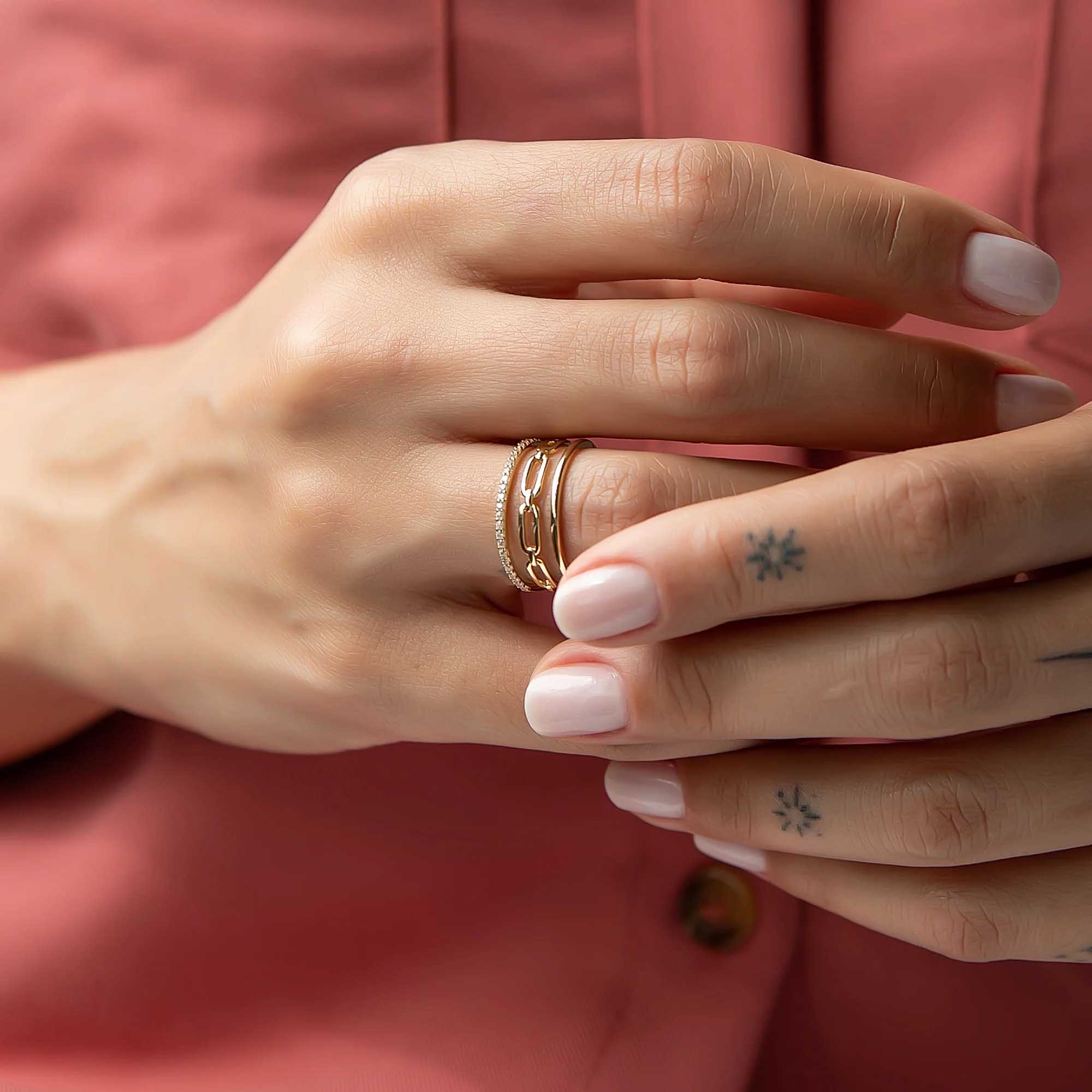 3 Kollu Taş ve Zincir Detaylı Yüzük