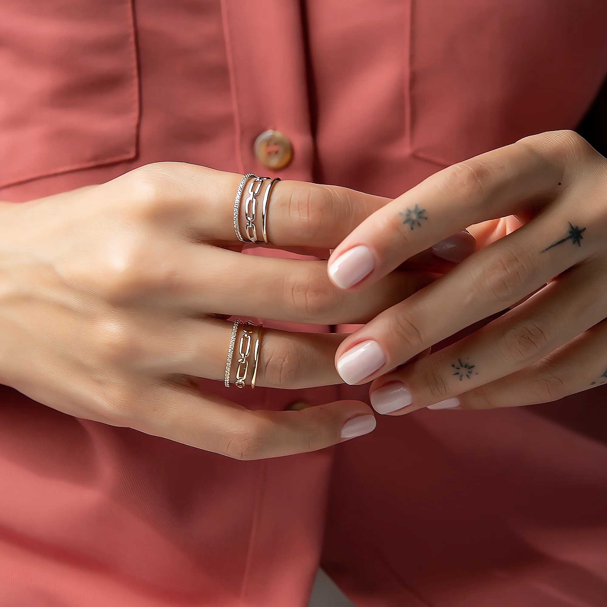 3 Kollu Taş ve Zincir Detaylı Yüzük